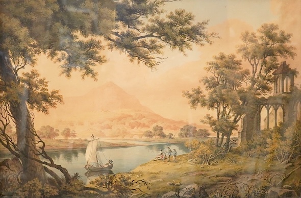 J H Fidlor (Late 18th / early 19th. C), Continental riverscape with anglers, signed and dated 1808, 386XJ stencil verso, watercolour, 41 x 60cm, gilt framed